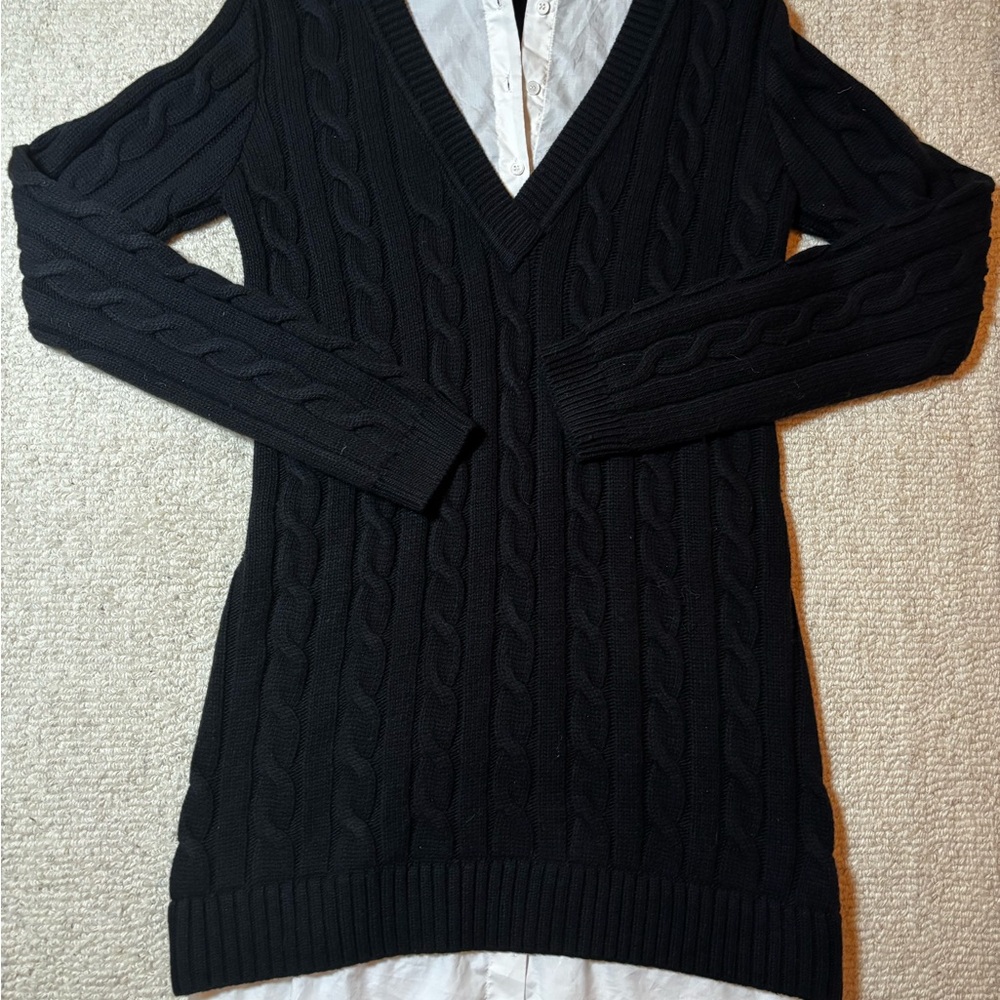 Black Cable Knit V-Neck Sweater Dress